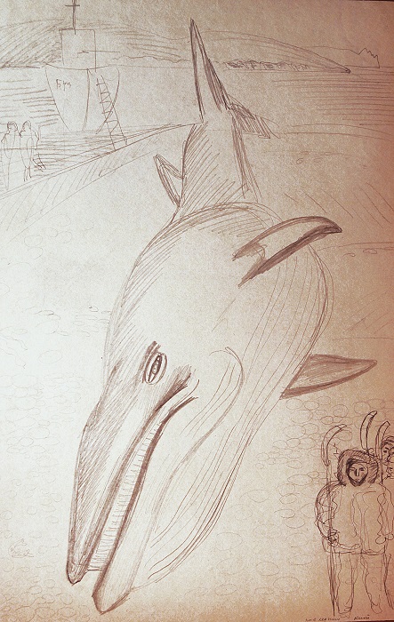 ''Кита вытащили на берег для разделки'', 1971, Бумага, карандаш