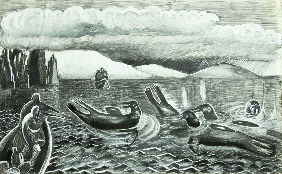 ''Охота на моржей'', 1971. Бумага, карандаш, тушь