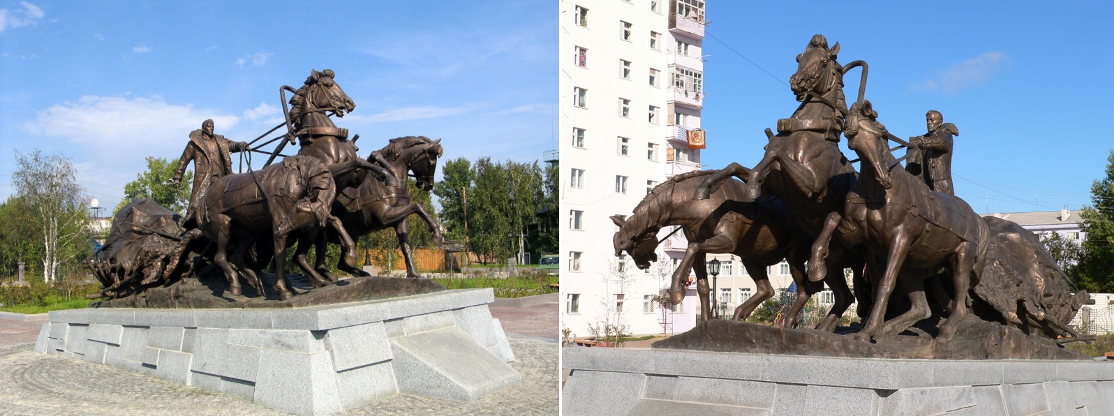 Сергей Бычков. "Тройка". Памятник покорителям Сибири, 2005. Бронза, гранит. Совместно с А. Смирновым-Панфиловым и И. Трейвусом. Архитектор С. Миронов. Ленск, Якутия. 