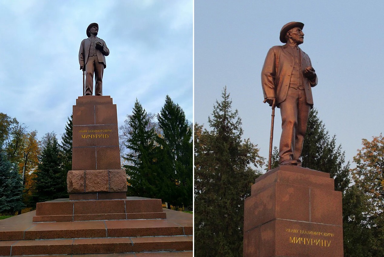 Матвей Манизер. Памятник И.В. Мичурину, 1950. Бронза, гранит, высота фигуры 500 см, высота постамента 400 см. Архитектор И.Г. Лангбард. Мичуринск, Тамбовская область. Фото (справа): ein-arzt.livejournal.com