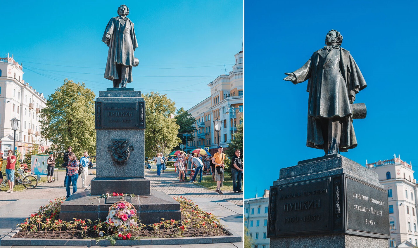 Матвей Манизер. Памятник А.С. Пушкину, 1954. Бронза, гранит, фигура поэта - натуральная величина. Архитектор В.Е. Шалашов. Кемерово. Фото: проект VSE42.RU