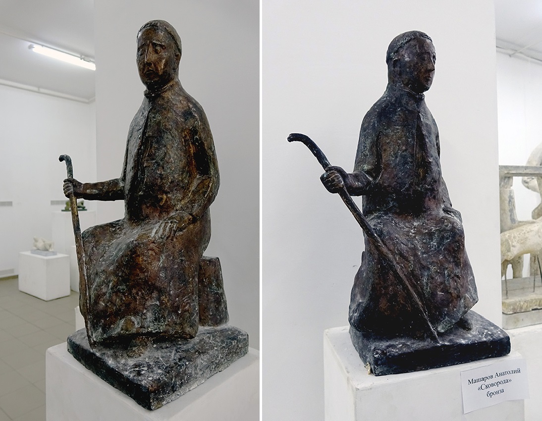 Анатолий Машаров. "Философ Григорий Сковорода" (ракурсы), 2000-е. Бронза. Фото Алексея Приказчикова с персональной выставки Анатолия Машарова в выставочном зале ОМС, Москва, 2025