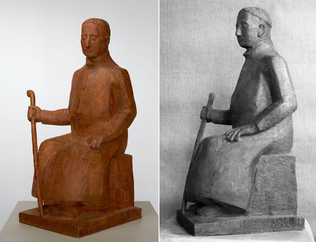 Анатолий Машаров. "Философ Григорий Сковорода" (ракурсы), 2008. Дерево тонированное, 80х44х38 см. Государственная Третьяковская галерея, Москва. Фото слева: сайт "Моя Третьяковка". Фото справа: Анна Рождественская