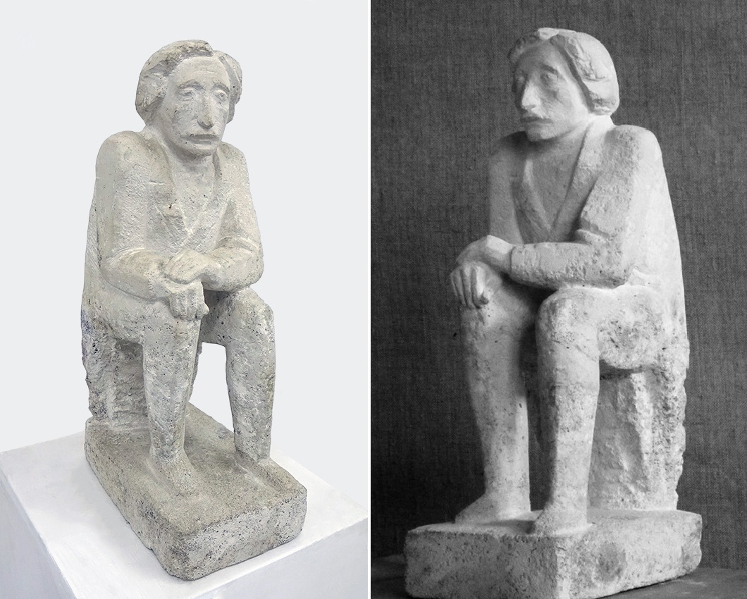 Анатолий Машаров. "Н.В. Гоголь" (ракурсы), 1982. Камень, 46х15х20 см. Фото (слева) Алексея Приказчикова с персональной выставки Анатолия Машарова в выставочном зале ОМС, Москва, 2025. Фото (справа) Анны Рождественской