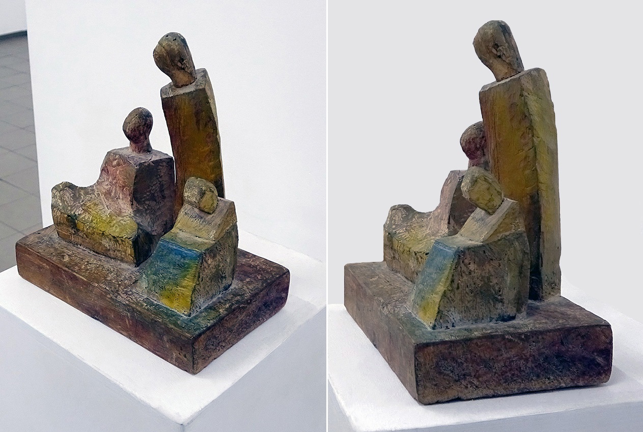 Анатолий Машаров. "Композиция" (ракурсы), 1996. Дерево, раскраска, высота 20 см Фото Алексея Приказчикова с персональной выставки Анатолия Машарова в выставочном зале ОМС, Москва, 2025