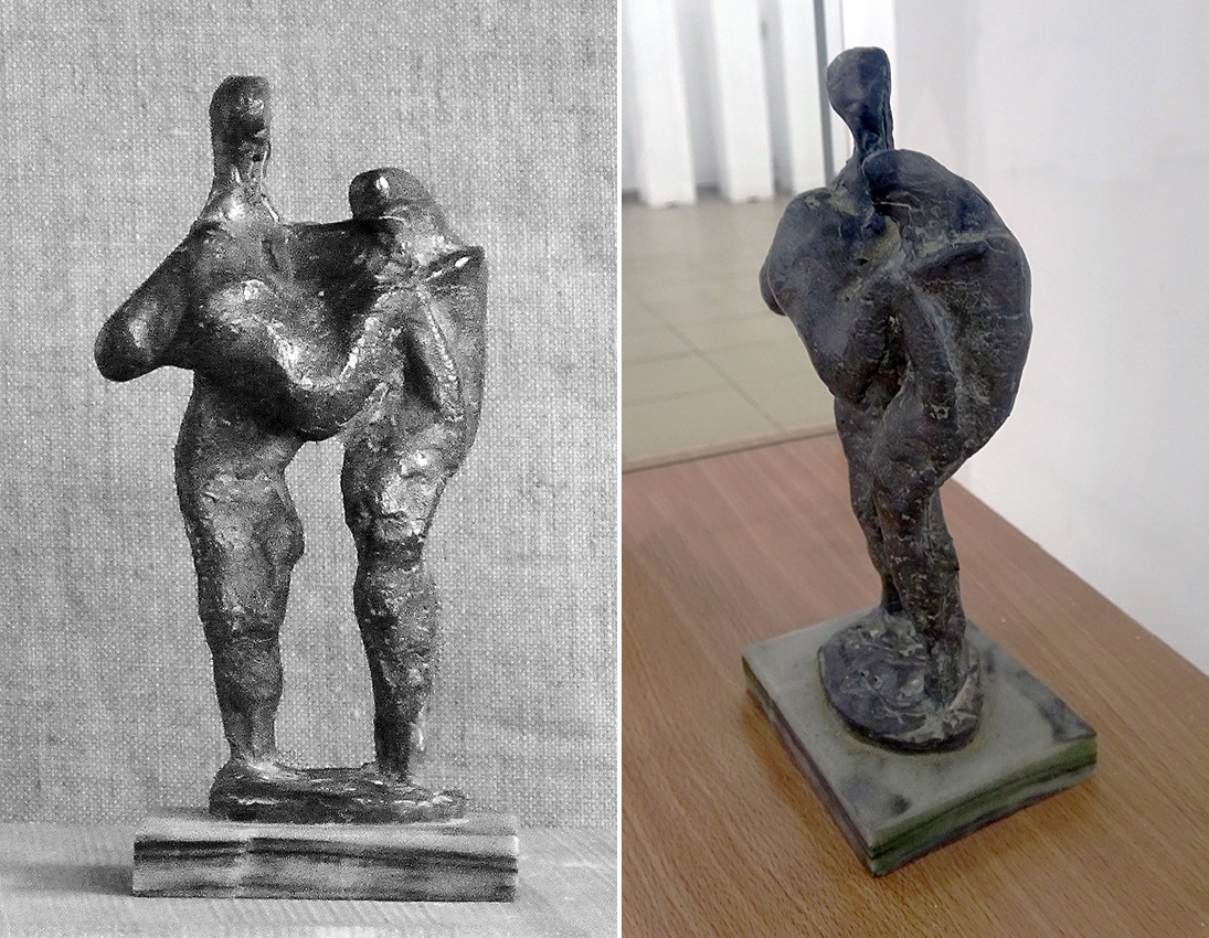 Анатолий Машаров. "Композиция", 1984. Металл, высота 20 см. Фото (слева) Анны Рождественской. Фото (справа) Алексея Приказчикова с персональной выставки Анатолия Машарова в выставочном зале ОМС, Москва, 2025