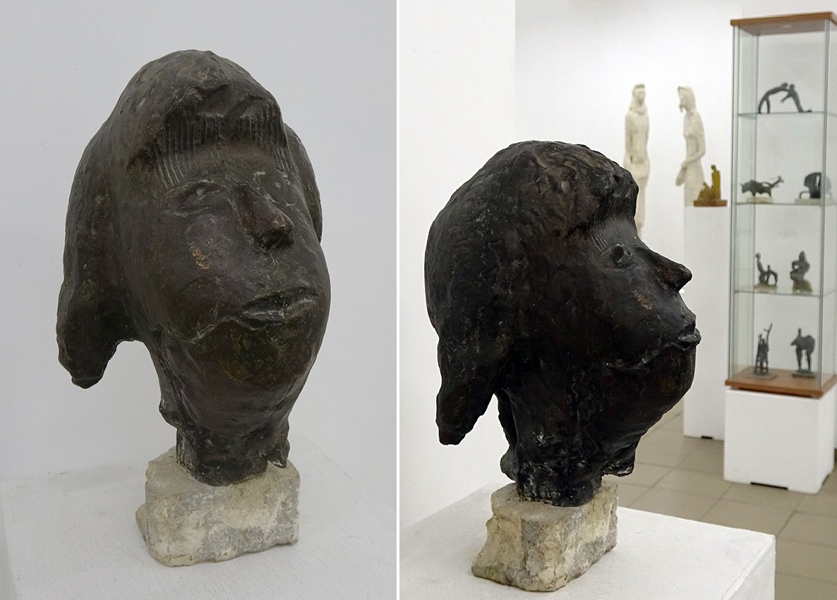 Анатолий Машаров. "Женская голова" (ракурсы), 1971. Бронза, камень, 30х20х25 см. Фото Алексея Приказчикова с персональной выставки Анатолия Машарова в выставочном зале ОМС, Москва, 2025