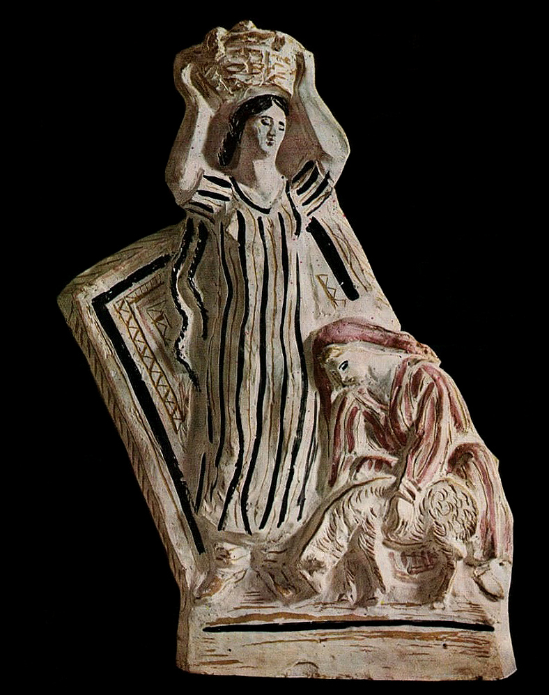 "Узбекистан", 1970. Картуш для карты СССР в советском павильоне Международной выставки "ЭКСПО-70" в Осаке, Япония.Керамика, соли, глазурь, ангобы, эмали, 85х40х10 см.Фото из альбома Т.Б. "Мантурова. Абрам Малахин", М., "Советский художник", 1979