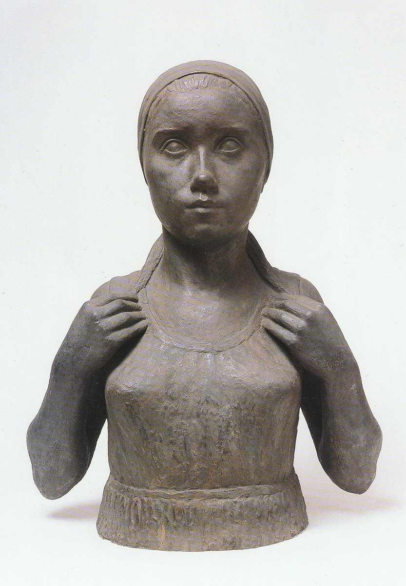 ''Работница'', 1930. Гипс бронзированный, 61х50х28 см.Государственный Русский музей, С.-Петербург.Фото Сергея Петрова из Альманаха Государственного Русского музея"Александр Матвеев и его школа". PALACE EDITIONS, 2005  