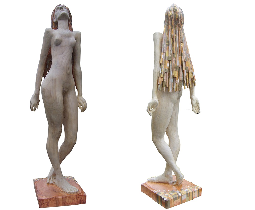 ''Девушка с мокрыми волосами'', 2012. Дерево, акрил, золочение, 110х26х32 см