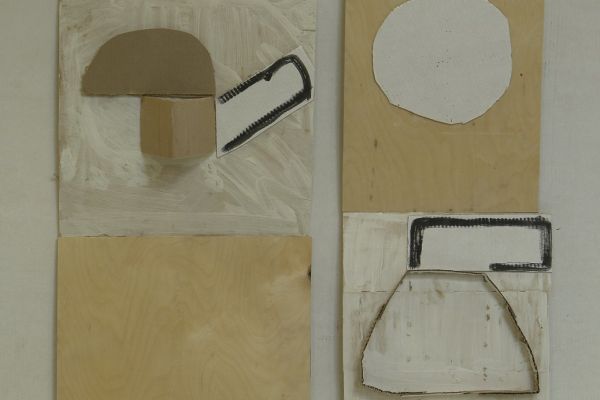 Анатолий Комелин. Чайники, 2012. Картон, фанера, белила, пинотекс, 100х50 см, 100х45 см. Фото из архива А. Комелина