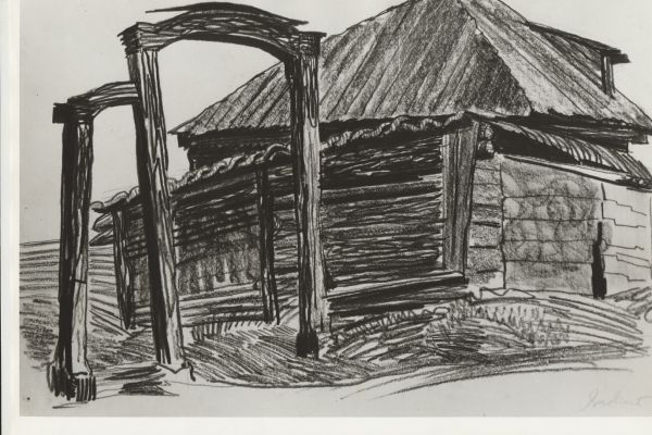 Олег Яновский. Сибирские избы, 1973. Бумага, карандаш.