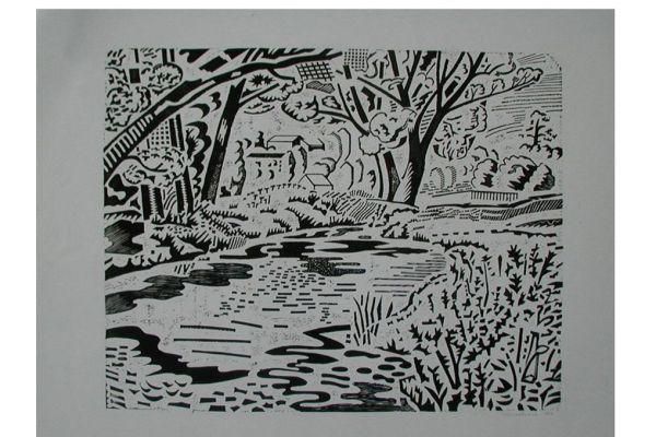 Игорь Шелковский. Из серии ''Тарусский пейзаж'' 3, 1969. Бумага, линогравюра, 39х49,5 см. Сахалинский областной художественный музей, Южно-Сахалинск