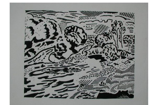 Игорь Шелковский. Из серии ''Тарусский пейзаж'' 4, 1969. Бумага, линогравюра, 38,9х49,3 см. Сахалинский областной художественный музей, Южно-Сахалинск