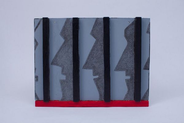 Игорь Шелковский. ''Тени''. Из серии ''1937'', 2014. Дерево, ДСП, акрил, ручка шариковая, карандаш, 48х62,5х5 см. Государственный музей истории ГУЛАГа, Москва  