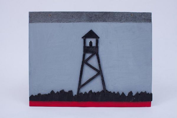 Игорь Шелковский. ''Вышка''. Из серии ''1937'', 2014. Дерево, ДСП, акрил, карандаш, ручка гелевая, 48х62х3 см. Государственный музей истории ГУЛАГа, Москва