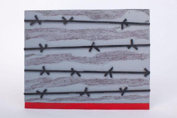 Игорь Шелковский. ''Зона. Истребительно-трудовой''. Из серии ''1937'', 2014. Дерево, ДСП, акрил, карандаш, ручка шариковая, 48х60х3 см. Государственный музей истории ГУЛАГа, Москва