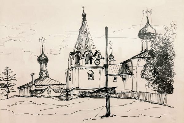 Олег Комов. Переславль-Залесский, 1965. Бумага, тушь, перо. Персональная выставка О. Комова в РАХ, Москва, 2022. Фото Сергея Качанова