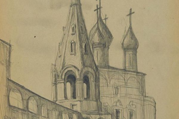 Олег Комов. Церковь и колокольня, 1971. Бумага, карандаш, 30,3х21 см. Краснодарский краевой художественный музей имени Ф.А. Коваленко