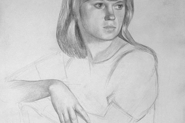 Олег Комов. Девушка из Болдино, 1979. Бумага, карандаш, 57х46,5 см. Московский государственный музей ''Дом Бурганова''