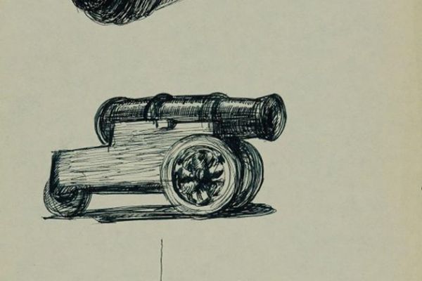 Олег Комов. Пушка, танк, 1980-е. 1980-е. Бумага, карандаш. Краснодарский краевой художественный музей имени Ф.А. Коваленко