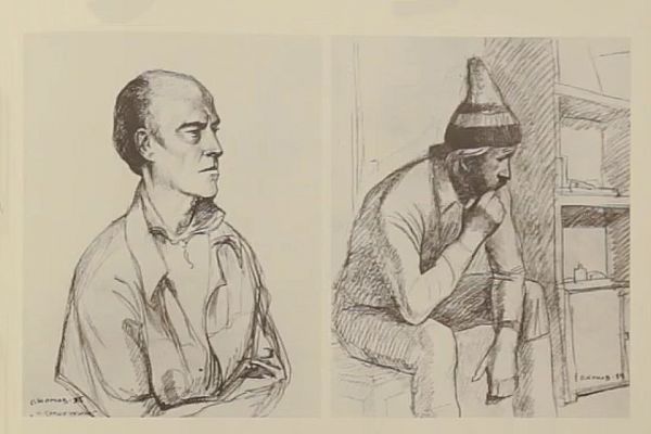 Олег Комов. Реставратор Н. Крошечкин, Скульптор Николай Матвеев, 1985. Бумага, карандаш, 40х28 см.; Скульптор Николай. Матвеев. Бумага, карандаш,40х29 см. Фото: альбом ''Олег Комов'', М., ''Советский художник'', 1988