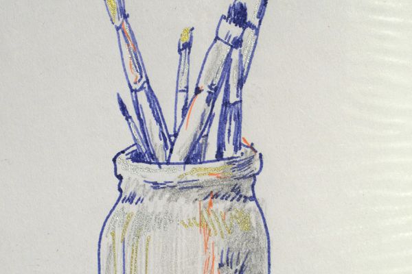 Сергей Малютов. Банка с кистями, 2003. Бумага, гелиевые ручки, 10,8х10 см. Фото из архива Сергея Малютова