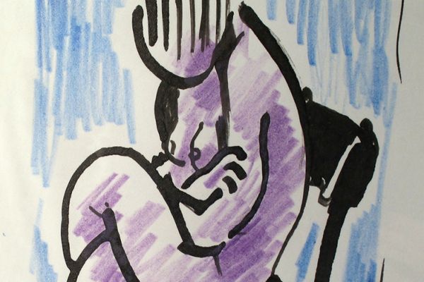 Сергей Малютов. На стуле, 2003. Бумага,  тушь, цветные карандаши, 13х9,4 см. Фото из архива Сергея Малютова