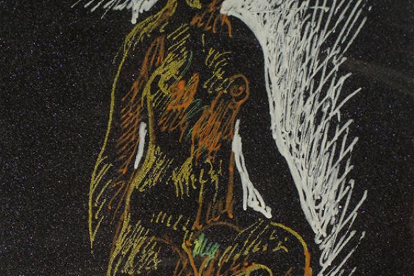 Ню с поднятой ногой, 2003.  Цветная бумага, гелиевы ручки, 12,2х6,4 см. Фото из архива Сергея Малютова