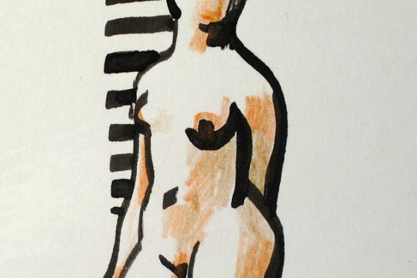 Сергей Малютов. Стоящая, 2003. Бумага, тушь, цветные карандаши, 12,4х7,5 см. Фото из архива Сергея Малютова