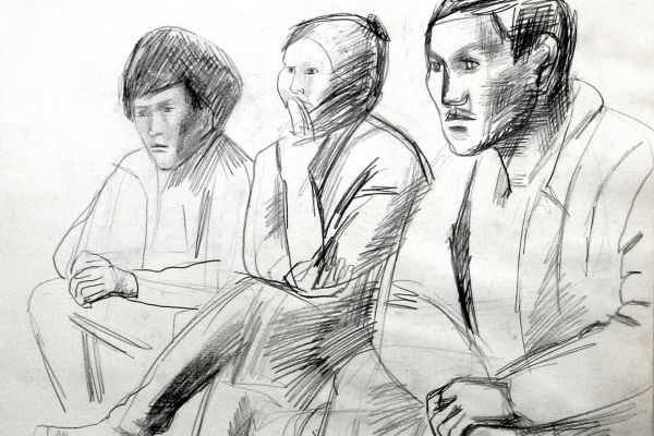 Владимир Потлов. Алтайская семья у  телевизора, 1985. Бумага, карандаш, 36х48 см. Фото из архива Владимира Потлова