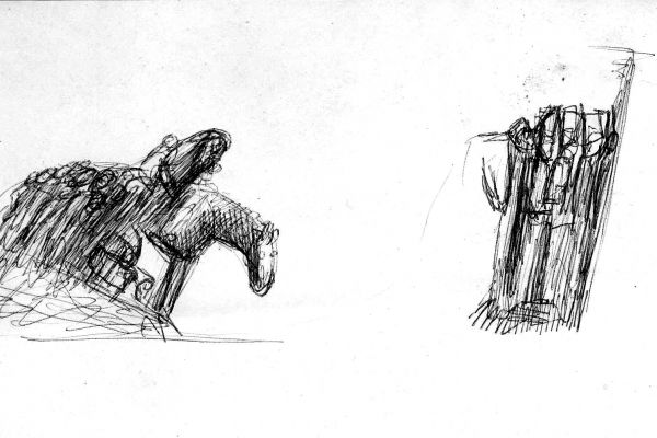 Владимир Потлов. Беженцы, 1986. Бумага, шариковая ручка, 10х20 см. Фото из архива Владимира Потлова