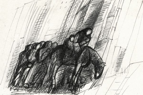 Владимир Потлов. Беженцы в горах, 1987. Эскиз горельефа. Бумага, тушь, перо. Фото из архива Владимира Потлова