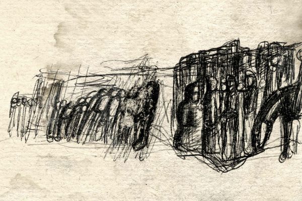 Владимир Потлов. Идея горельефа, 1985. Бумага, тушь, перо, 10х15 см. Фото из архива Владимира Потлова