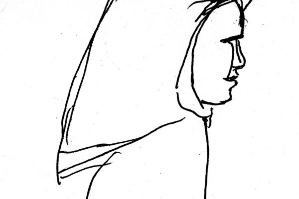 Владимир Потлов. Идущая в платке, 1985. Бумага, тушь, перо, 12х10 см. Фото из архива Владимира Потлова