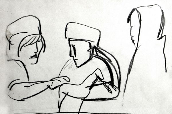 Владимир Потлов. Обсуждение скульптуры, 1985. Бумага, карандаш, 30х36 см. Фото из архива Владимира Потлова