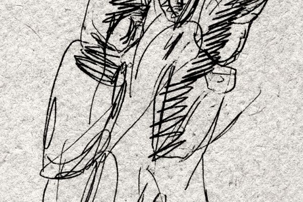 Владимир Потлов. Паломники в Дьектиеке, 1988. Бумага, тушь, перо, 15х9 см. Фото из архива Владимира Потлова