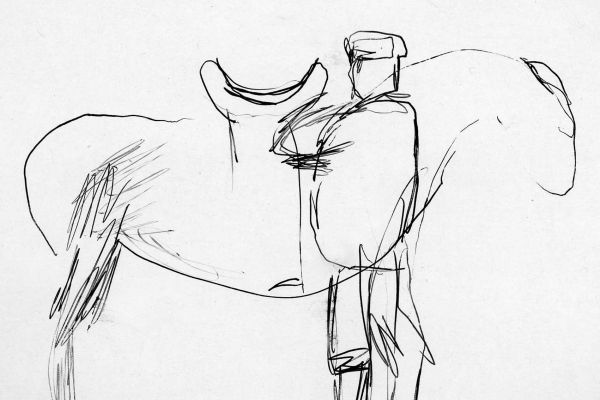 Владимир Потлов. Седлание коня, 1985. Бумага, тушь, перо, 10х15 см. Фото из архива Владимира Потлова