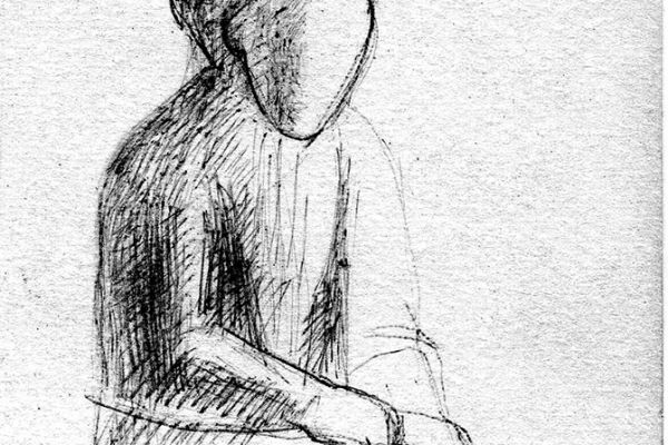 Владимир Потлов. Сидящая старуха, 1987. Бумага, шариковая ручка, 15х8 см. Фото из архива Владимира Потлова