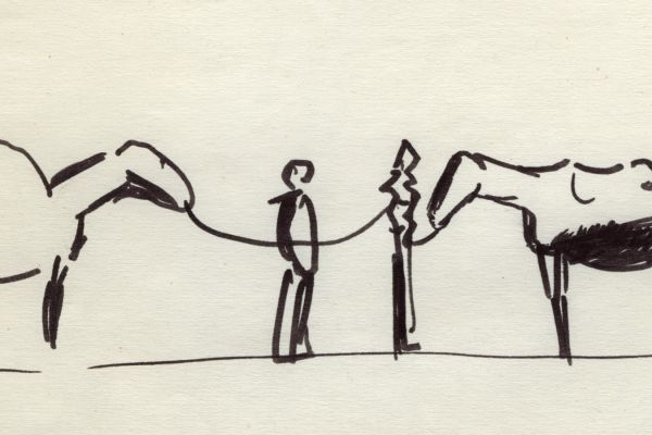 Владимир Потлов. У коновязи, 1985. Бумага, тушь, перо, 5х12 см. Фото из архива Владимира Потлова