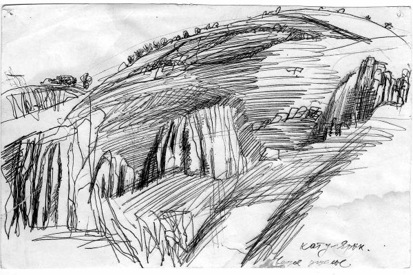 Владимир Потлов. Ущелье Кату-Ярык, 1986. Бумага, тушь, перо, 10х15 см. Фото из архива Владимира Потлова