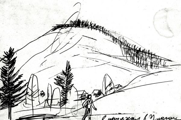 Владимир Потлов. Я приехал в Улаган, 1985. Бумага, тушь, перо, 9х13 см. Фото из архива Владимира Потлова