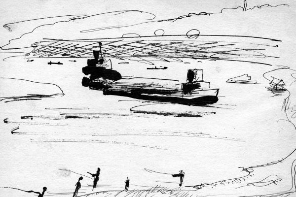 Владимир Потлов. Баржа на Оке, 1978. Бумага, тушь, перо. 20х30 см. Фото из архива Владимира Потлова