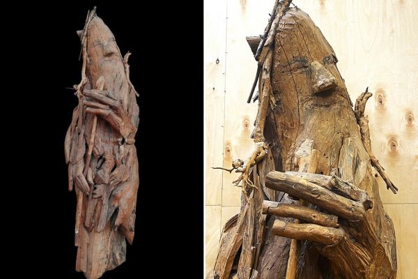 Сергей Конёнков. Лесной старик, 1967. Дерево, 196х55х50 см. Мемориальный музей ''Творческая мастерская С.Т. Конёнкова'', Москва. Фото (справа) Марины Волкоморовой