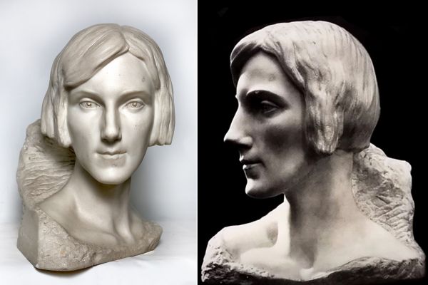 Сергей Конёнков. Портрет спортсменки Илены Серра-Каприолы, 1928. Мрамор, 39х35х28 см. Киргизский национальный музей изобразительных искусств имени Гапара Айтиева, Бишкек. Фото (справа): альбом ''Сергей Конёнков'', М., ''Советский художник'', 1978