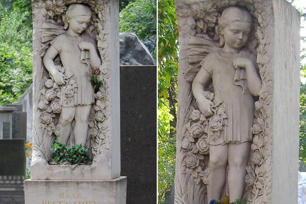 Надежда Крандиевская. Надгробный памятник Наде Шаталиной (ракурсы), 1944. Мрамор. Архитектор И.В. Жолтовский. Новодевичье кладбище, Москва