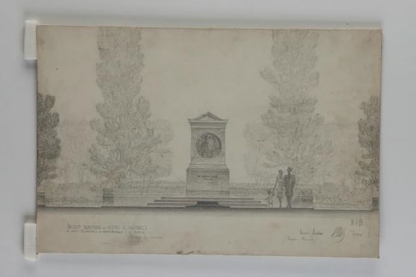 Надежда Крандиевская. Проект надгробного памятника писателю В.Г. Короленко в Полтаве на Украине, начало 1960-х. Вариант. Бумага, карандаш, 39,5х56,5 см. Архитектор А.П. Уткин. Государственный музейно-выставочный центр ''РОСИЗО'', Москва