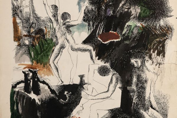 Алексей Григорьев. Городской пляж, 1990-е. Бумага, тушь, гуашь, 62х47 см. Фото из архива семьи Кадошниковых