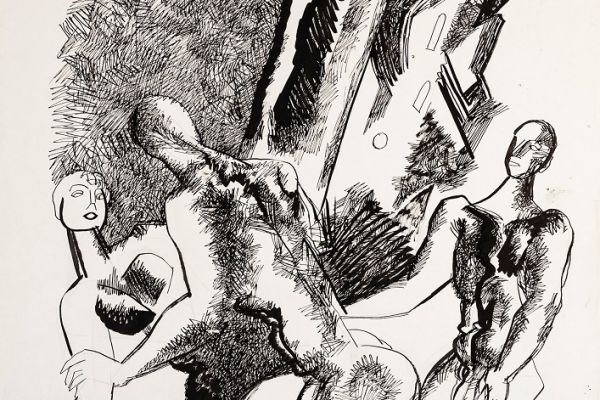 Алексей Григорьев.  Бегущие, 1997. Бумага, тушь, гуашь, 62х45 см. Фото из архива семьи Кадошниковых