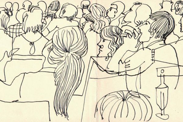 Валерия Семенова. ''На коференции'', 1969. Из серии ''Ученые''. Бумага, перо, 18х59 см. Фото из архива Ирины Семеновой